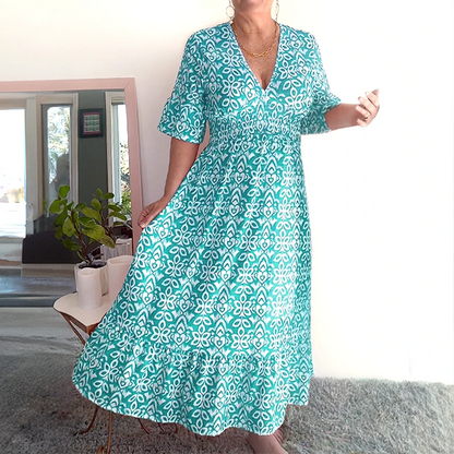 Bohemian casual print V-neck waist wrap long dress