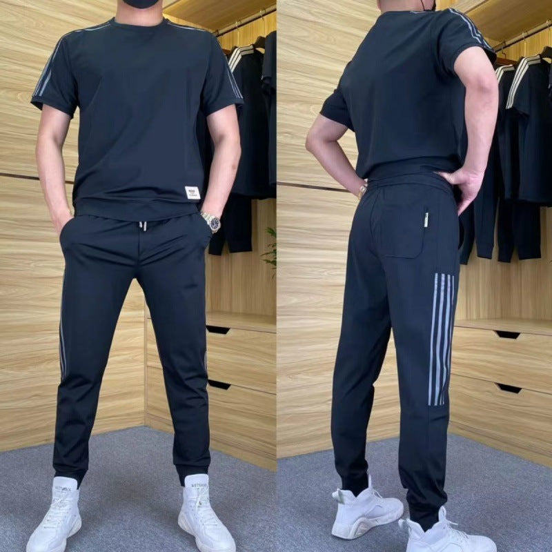 Men's High Stretch Short Sleeve Top & Jogging Pants 2-Piece Set