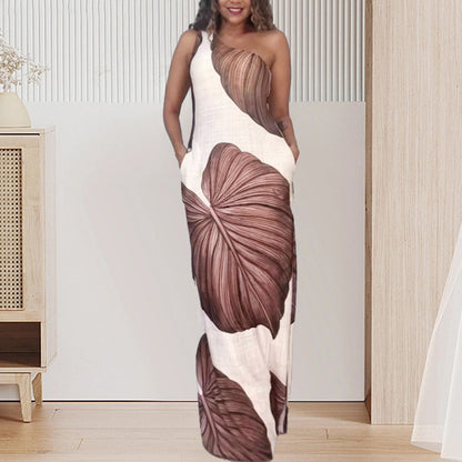 Time-limited Special Palm Print One-Shoulder Slim Maxi Dress