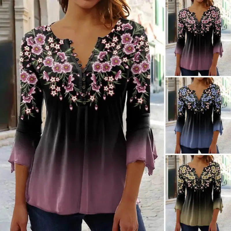 Women Elegant Floral Print V-Neck Top